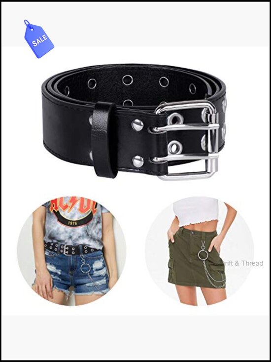 Double Prong Buckle PU Leather Punk Rock Belts with Chain